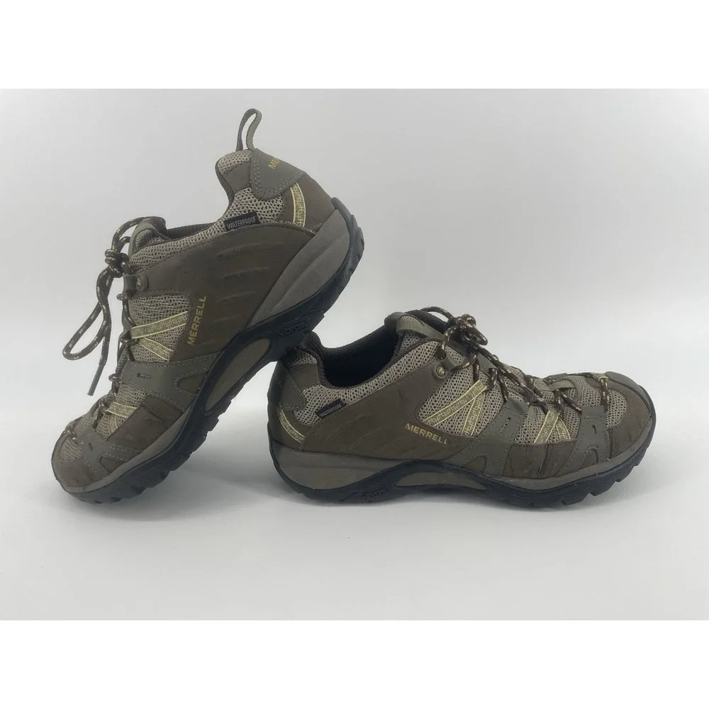 Merrell  Hiking Shoes Womens 9.5 Brindle Brown Waterproof Vibram Low Top J52410